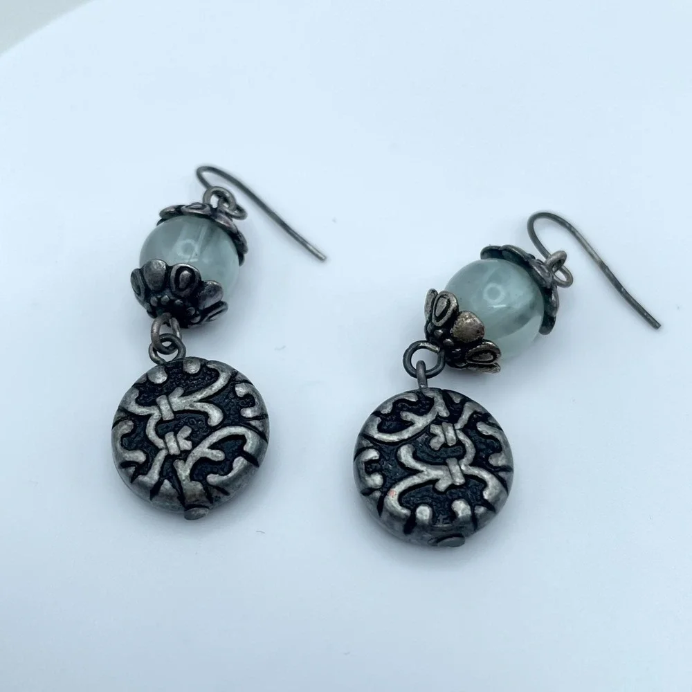Articulated Silver-Tone Oxidized Metal Cool Waters Glass Beads Dangle Earrings